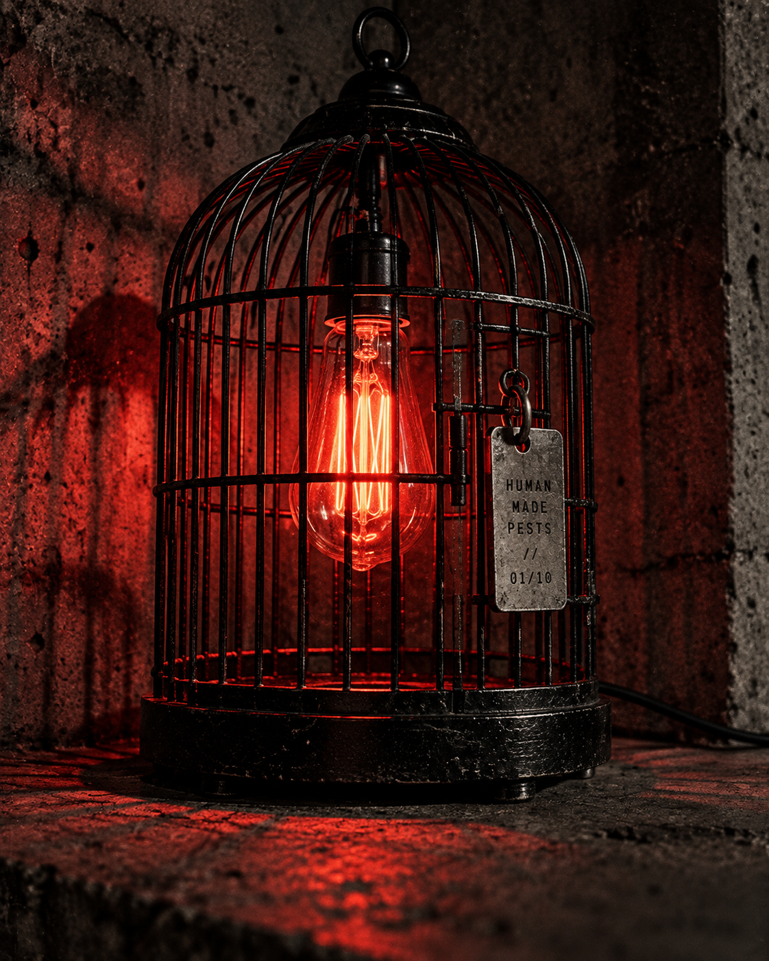 Lamp in a metal cage with red light on concrete